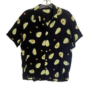 Incerun Avocado Print Shirt Mens Medium Navy Green Short Sleeve Novelty Casual